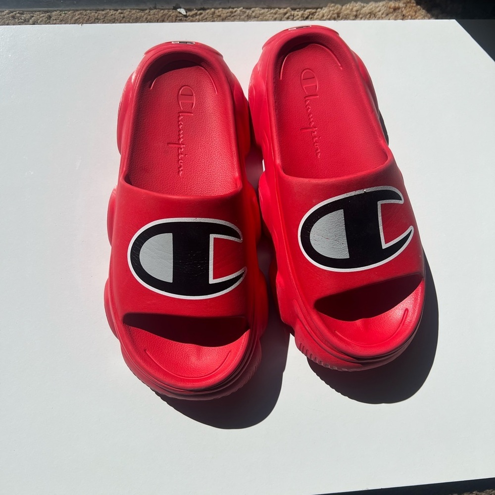 Champion Red Slide Sandals with Black & White Logo